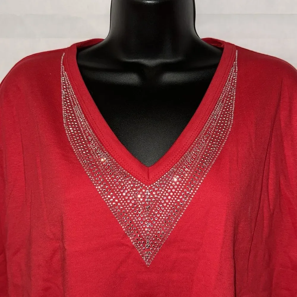 Isaac’s Designs Casuals Women’s Red 3/4 Sleeve Top 1X Crystal Embellishments